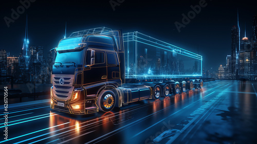 Futuristic truck with trailer scene with wireframe intersection Illustration. AI Generated