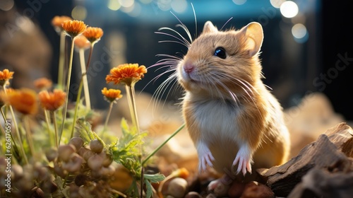 A Gerbil (Gerbillinae) nibbling on a seed in a glass tank, its agile body and soft fur making it an attractive pet for children.