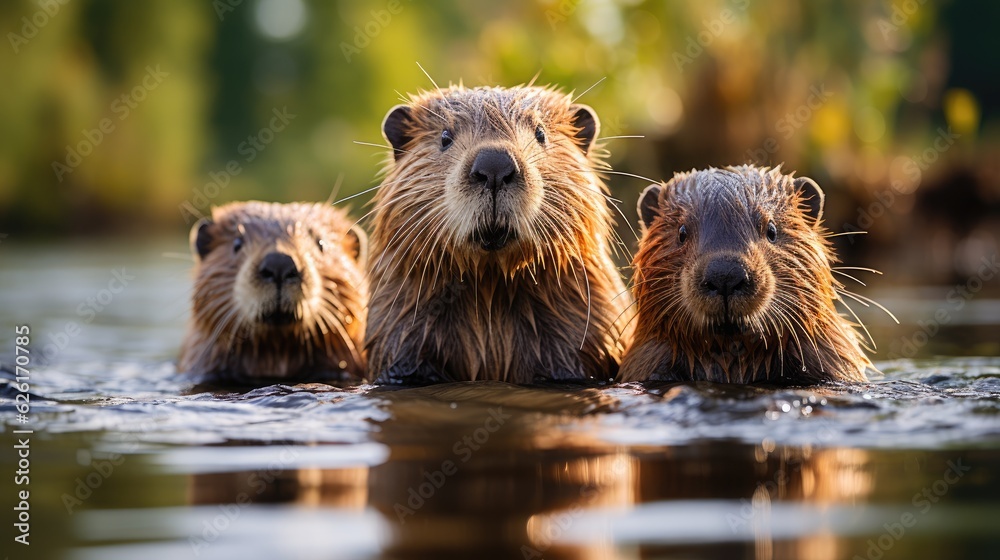 A family of North American beavers (Castor canadensis) working on their dam in a Canadian river, their industrious behavior and fluffy tails creating an endearing scene. A family of North American beavers (Castor canadensis) working on their dam in a Canadian river, their industrious behavior and fluffy tails creating an endearing scene.