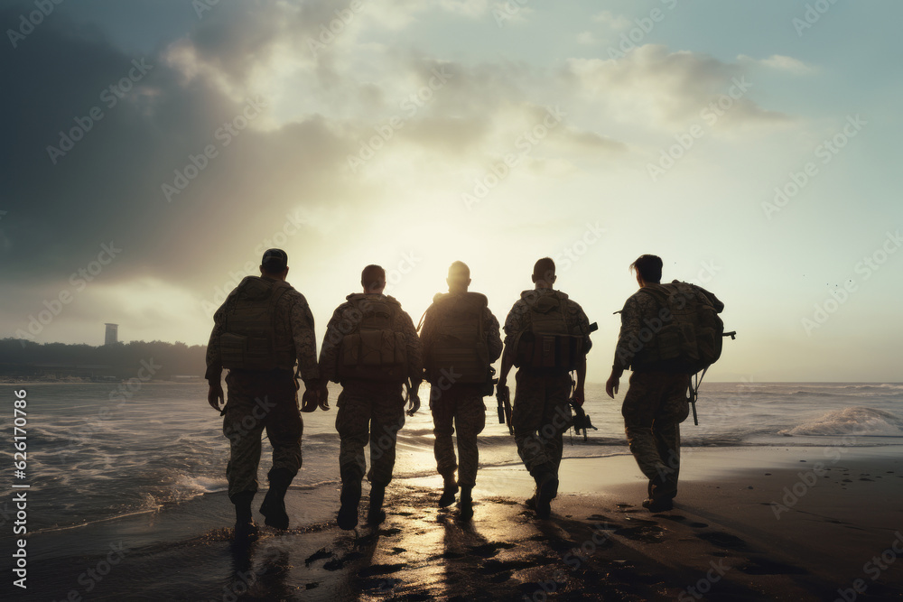 group soldiers from behind full shot bright mood lighting movie. AI Generated group soldiers from behind full shot bright mood lighting movie. AI Generated