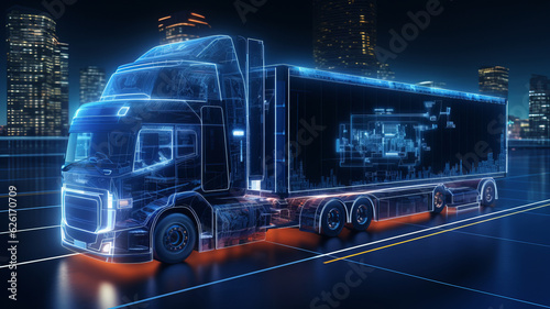 Futuristic truck with trailer scene with wireframe intersection Illustration. AI Generated