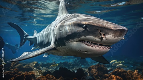 A hammerhead shark (Sphyrnidae) cruising the waters of the Galapagos Islands, its distinct head shape and agile form creating a surreal spectacle in the deep blue. photo