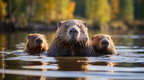 A family of North American beavers (Castor canadensis) working on their dam in a Canadian river, their industrious behavior and fluffy tails creating an endearing scene.