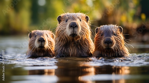 A family of North American beavers (Castor canadensis) working on their dam in a Canadian river, their industrious behavior and fluffy tails creating an endearing scene. photo