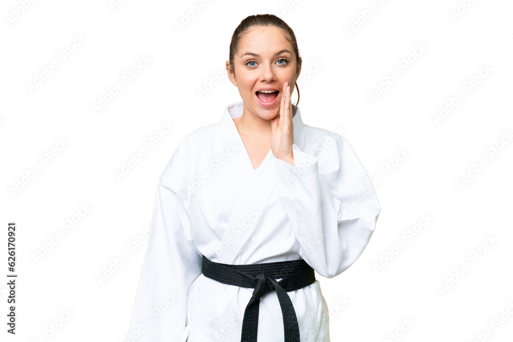 Young blonde woman doing karate over isolated chroma key background with surprise and shocked facial expression Young blonde woman doing karate over isolated chroma key background with surprise and shocked facial expression