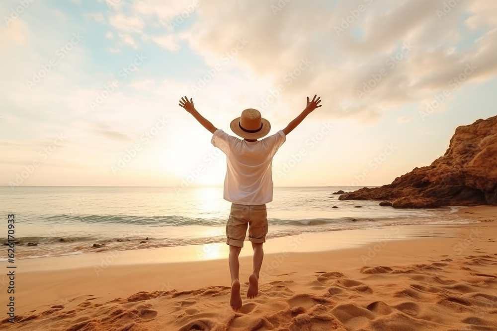 Fototapeta premium boy 10 years old jump with his arms outstretched on the beach. AI Generated