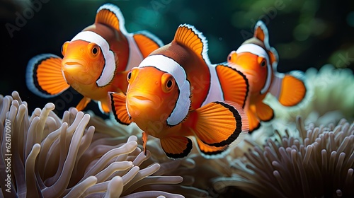 A shoal of clownfish (Amphiprioninae) among the waving sea anemones of the Great Barrier Reef, their orange and white bodies darting through the vibrant marine landscape.