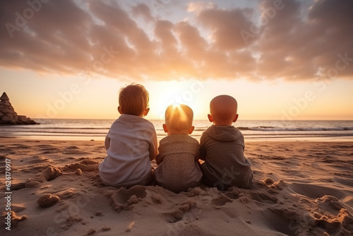 3 babies sit and play sand at the beach  back view  early in the morning  sunrise. AI Generated