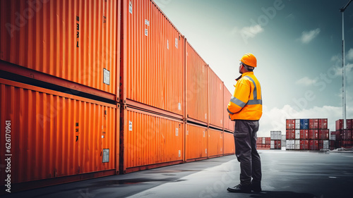 man with safety vest stand and look at sea container with copy space  detail  dramatic. AI Generated