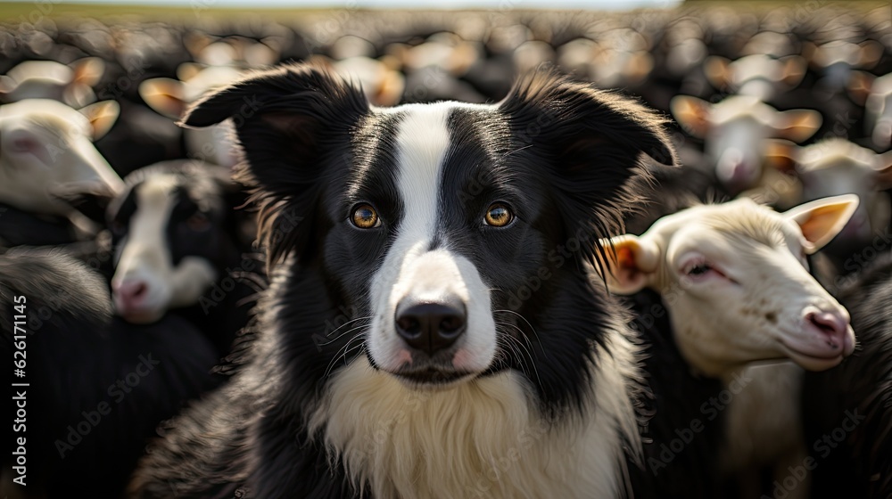A Border Collie (Canis lupus familiaris) herding sheep in a field, its intense gaze, or 'eye', and lithe body making it a remarkable working dog.