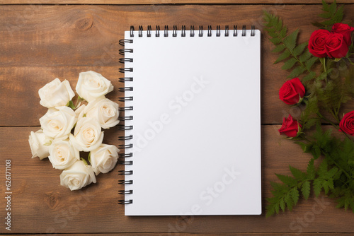rose flower and book wooden background