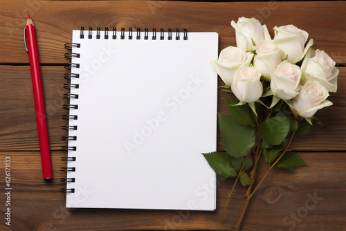 rose flower and book wooden background