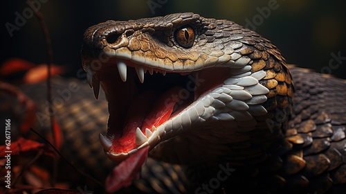 A king cobra  Ophiophagus hannah  rearing in the forests of India s Western Ghats  its hood expanded and its fierce gaze a terrifying display of royal might.
