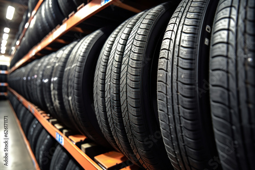 Tire rubber products , Group of new tires for sale at a tire store..