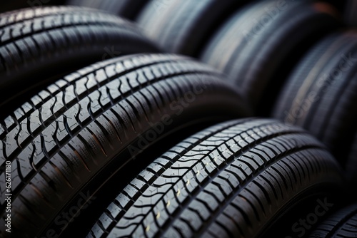 Tire rubber products , Group of new tires for sale at a tire store..
