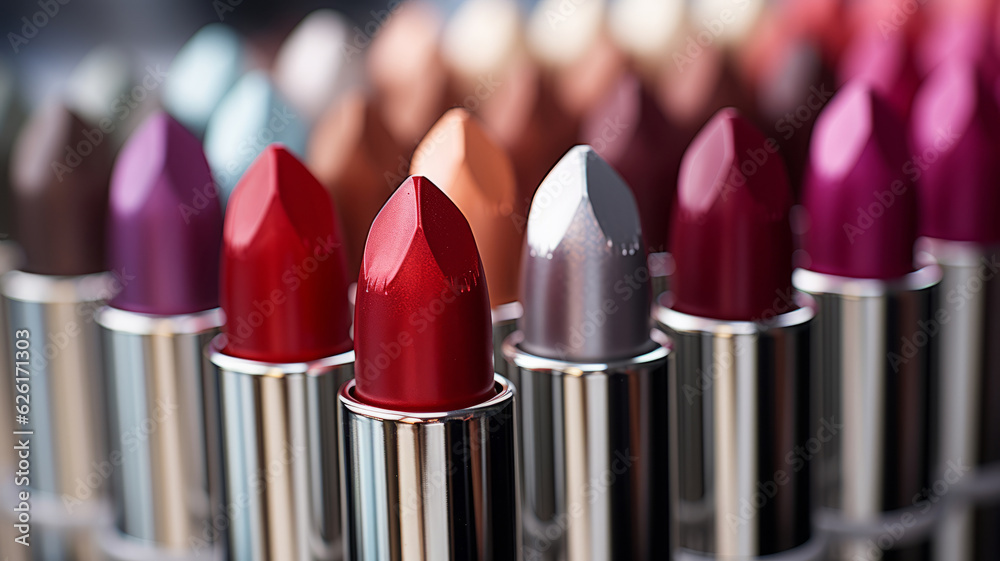 Many lipsticks in many colors lined up. AI Generated Many lipsticks in many colors lined up. AI Generated