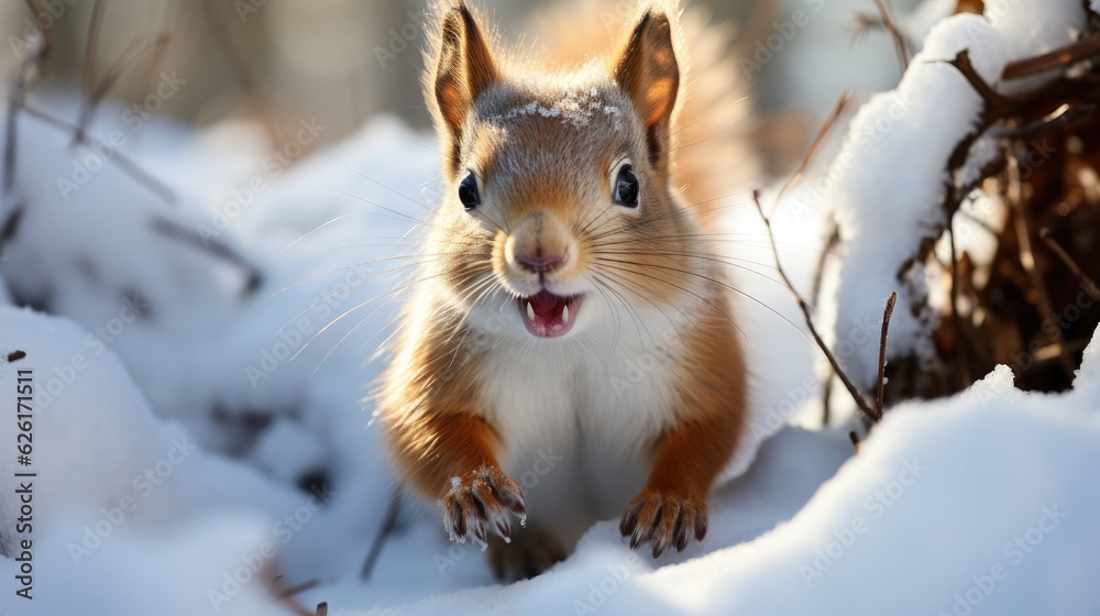 A Eurasian Red Squirrel (Sciurus vulgaris) leaping between trees in a snowy forest in Finland, its bushy tail and tufted ears a delightful sight against the white landscape. A Eurasian Red Squirrel (Sciurus vulgaris) leaping between trees in a snowy forest in Finland, its bushy tail and tufted ears a delightful sight against the white landscape.
