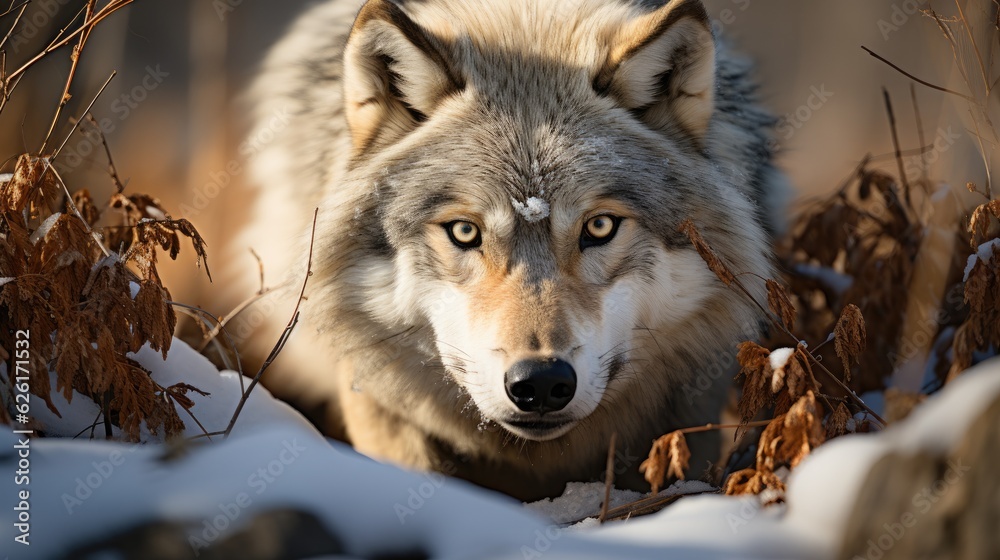 Obraz premium A grey wolf (Canis lupus) on the hunt in Yellowstone National Park, its piercing gaze and stealthy gait a picture of primal focus and intensity.