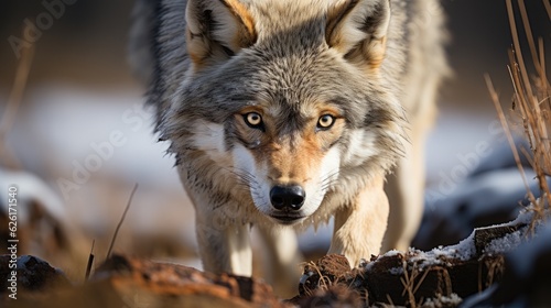 A grey wolf (Canis lupus) on the hunt in Yellowstone National Park, its piercing gaze and stealthy gait a picture of primal focus and intensity.