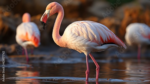 A Greater Flamingo (Phoenicopterus roseus) wading in the shallow waters of Ras Al Khor Wildlife Sanctuary in Dubai, its pink body reflected perfectly in the calm water.