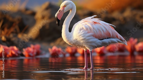 A Greater Flamingo (Phoenicopterus roseus) wading in the shallow waters of Ras Al Khor Wildlife Sanctuary in Dubai, its pink body reflected perfectly in the calm water.