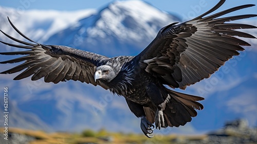 An Andean Condor (Vultur gryphus) soaring above the rugged peaks of Peru's Colca Canyon, its black and white plumage and massive wingspan a majestic sight against the blue sky. photo