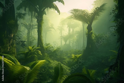 Illustration of green prehistoric jungle with lush vegetation  Generative AI