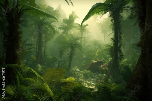 Illustration of green prehistoric jungle with lush vegetation, Generative AI