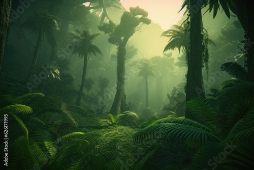 Illustration of green prehistoric jungle with lush vegetation  Generative AI