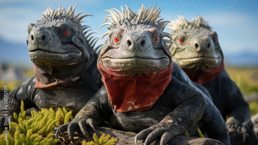 A group of Galapagos marine iguanas (Amblyrhynchus cristatus) basking on the volcanic rocks of Fernandina Island, their spiky forms and relaxed poses a unique display of island life. A group of Galapagos marine iguanas (Amblyrhynchus cristatus) basking on the volcanic rocks of Fernandina Island, their spiky forms and relaxed poses a unique display of island life.