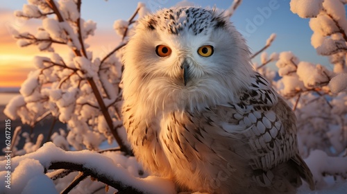 A Snowy owl (Bubo scandiacus) perched on a frozen treetop in the Arctic Circle, its piercing yellow eyes sharply contrasted against its plumage, as the aurora borealis paints the night sky.