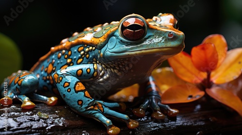 A Giant Leaf Frog  Phyllomedusa bicolor  hanging from a branch in the Amazon Rainforest  its long limbs and bright coloration a vibrant image against the dark backdrop.