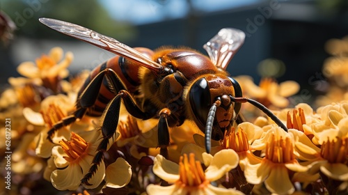 An Asian giant hornet (Vespa mandarinia) hovering over a field of Japanese flowers, its large form and distinct striping creating an imposing presence. photo