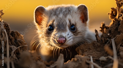 A black-footed ferret (Mustela nigripes) peeking out from its burrow in the prairies of South Dakota, its masked face and lithe form an endearing glimpse of nocturnal life. photo