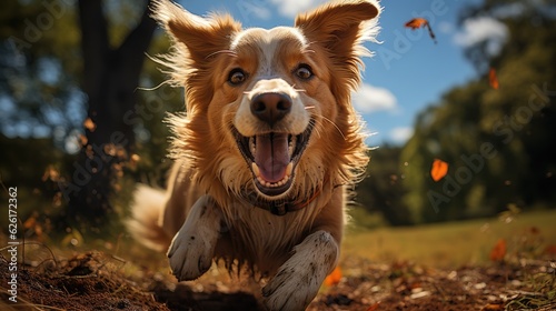 A Golden Retriever (Canis lupus familiaris) playfully fetching a frisbee in a grassy park, its golden fur glistening in the sun, displaying pure joy and energy. © blueringmedia