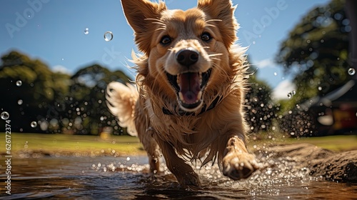 A Golden Retriever (Canis lupus familiaris) playfully fetching a frisbee in a grassy park, its golden fur glistening in the sun, displaying pure joy and energy. © blueringmedia
