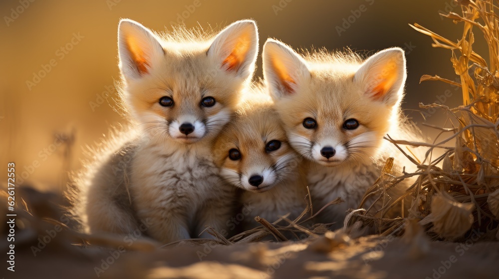 A group of Fennec Foxes (Vulpes zerda) huddled together in the Sahara Desert, their large ears and fluffy tails a cute sight against the sandy landscape. A group of Fennec Foxes (Vulpes zerda) huddled together in the Sahara Desert, their large ears and fluffy tails a cute sight against the sandy landscape.