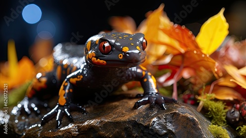 A Cave Salamander (Eurycea lucifuga) crawling on a rock in a cave in North America, its orange body and long tail a striking sight against the dark backdrop. photo