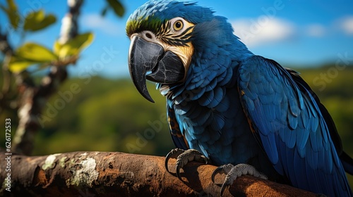 A hyacinth macaw (Anodorhynchus hyacinthinus) perched on a tree in Brazil's Pantanal, its cobalt-blue feathers and striking yellow eye-ring a splash of color in the tropical landscape. photo