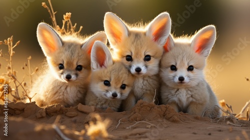 A group of Fennec Foxes (Vulpes zerda) huddled together in the Sahara Desert, their large ears and fluffy tails a cute sight against the sandy landscape. © blueringmedia