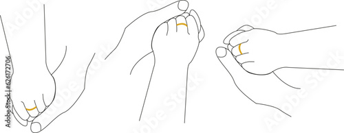 Vector touching hands set. A mans hand gently holds a womans hand. Line art hands. Love symbol, gesture - together, tenderness, love.