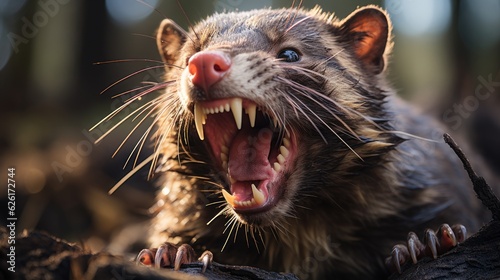 Foto A Tasmanian devil (Sarcophilus harrisii) yawning in the forests of Tasmania, its powerful jaws and sharp teeth a fearsome sight in the underbrush