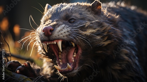 A Tasmanian devil (Sarcophilus harrisii) yawning in the forests of Tasmania, its powerful jaws and sharp teeth a fearsome sight in the underbrush.
