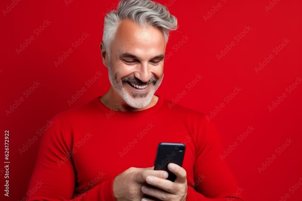 attractive mature man with phone on red background. AI Generated attractive mature man with phone on red background. AI Generated