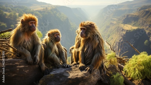 A group of Gelada Baboons (Theropithecus gelada) socializing on the cliffs of Ethiopia's Simien Mountains, their hunched postures, maned backs, and bare chests a unique sight. photo