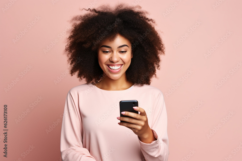 Black woman with phone on studio background . AI Generated Black woman with phone on studio background . AI Generated
