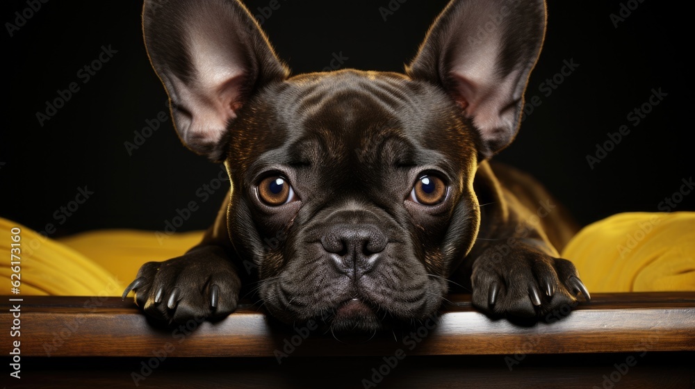 A French Bulldog (Canis lupus familiaris) posing for a portrait, its bat-like ears and compact muscular body making it a charming and sturdy pet.
