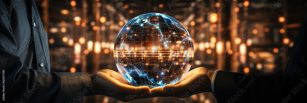 Businessman hold global business globe with network connected to digital marketing strategy and creative solution. AI Generated
