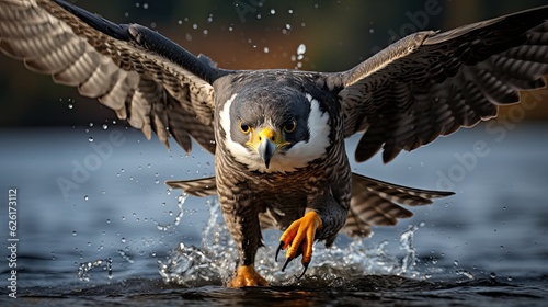 A Peregrine Falcon (Falco peregrinus) diving at incredible speed to catch its prey in the Scottish Highlands, its focused gaze and streamlined body a picture of avian agility.