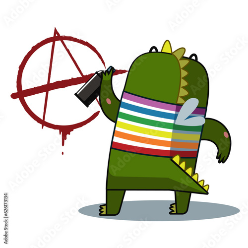 dragon with a spray can and a 
anarchy sign. Vector illustration.